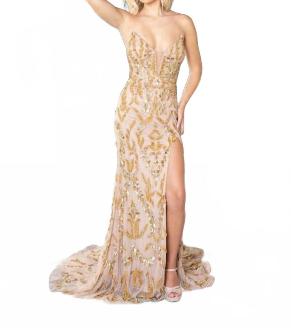 NEW RACHEL ALLAN beaded strapless slit gown in nude gold
